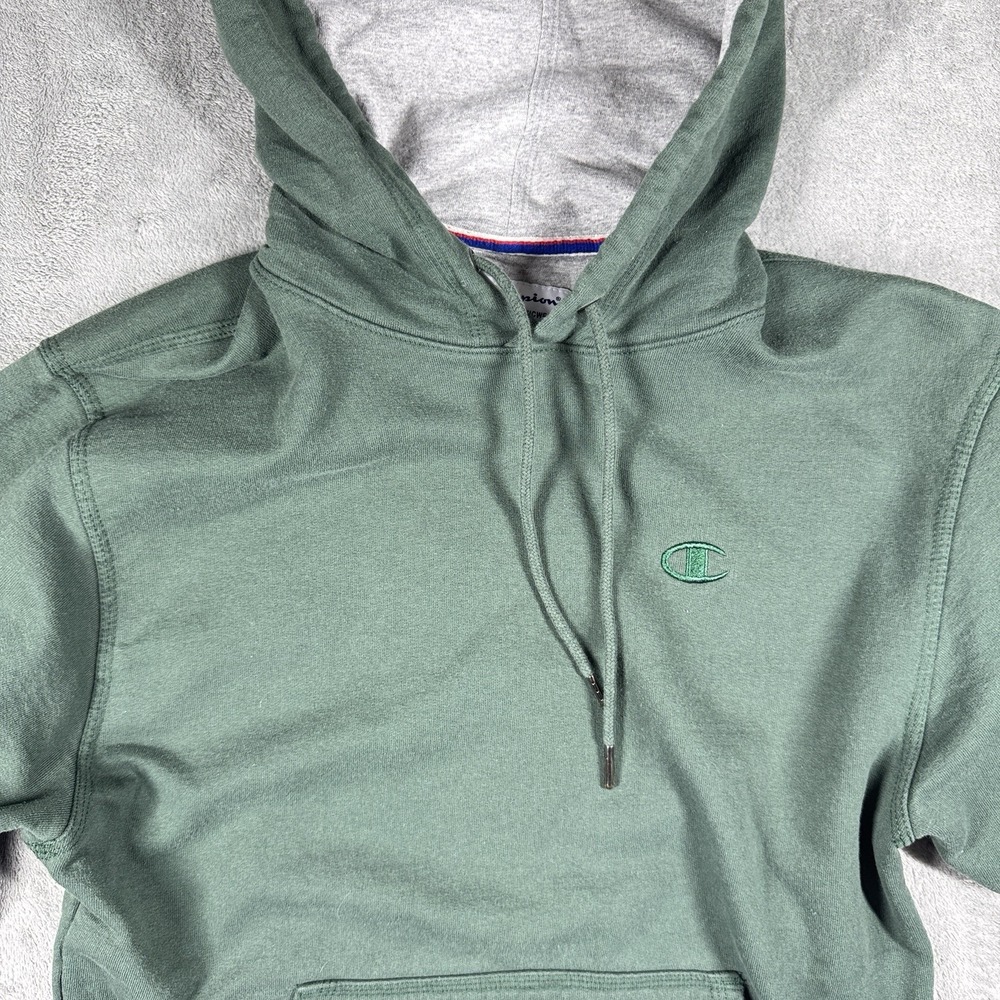 Y2K Champion Pullover Hoodie Green Fleece Sweatshirt‎ Drawstring Men's Medium - Picture 9 of 10